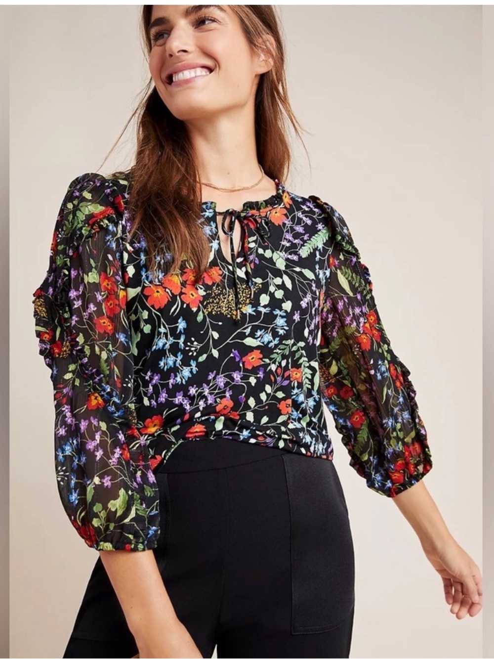 Anthropologie Black Floral Puff Sleeve Peasant Blouse Size M - Picture 7 of 7